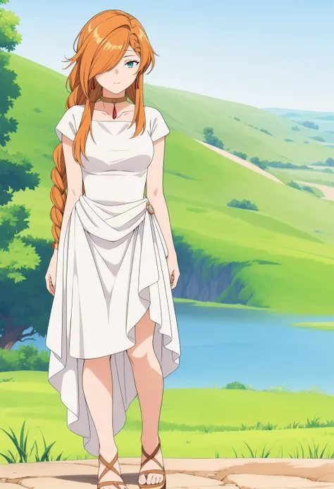 <lora:FlammeV1:0.8>,Flamme,1girl,bangs,braided ponytail,single braid,brown hair,orange hair,very long hair,sidelocks,red earrings,hair over one eye,green eyes,blue eyes,collarbone,golden choker,greek clothes,white shirt,medium breasts,short sleeves,white dress,solo
black gladiator sandals,outdoors, nature, panorama,<lora:add_detail:0.3>,<lora:è°æ´colorful_V1_lbw:0.3> ,full of details background,, Exquisite visuals, high-definition,masterpiece,best quality,Exquisite visuals,high-definition,masterpiece,best quality,18yo,Young female,Beautiful Fingers,Beautiful long legs,Beautiful body,Beautiful character design,