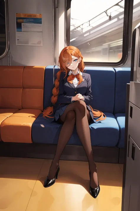 <lora:FlammeV1:0.6>,Flamme,1girl,bangs,solo,braided ponytail,single braid,brown hair,orange hair,very long hair,(sidelocks:0.9),red earrings,hair over one eye,green eyes,blue eyes,1girl,solo,skirt,pantyhose,sitting,head tilt,long hair,brown hair,blue jacket,shirt,white shirt,jacket,underwear,black footwear,bow,high heels,pencil skirt,brown eyes,black pantyhose,full body,legs,blue skirt,ground vehicle,looking at viewer,bowtie,formal,long sleeves,panties,train interior,suit,office lady,, Exquisite visuals, high-definition,masterpiece,best quality,Exquisite visuals,high-definition,masterpiece,best quality,18yo,Young female,Beautiful Fingers,Beautiful long legs,Beautiful body,Beautiful character design,