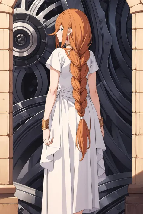 <lora:FlammeV1:0.6>,Flamme,1girl,bangs,solo,braided ponytail,single braid,brown hair,orange hair,very long hair,sidelocks,red earrings,hair over one eye,green eyes,blue eyes,<lora:add_detail:0.3>,
collarbone,golden choker,greek clothes,white shirt,medium breasts,short sleeves,white dress,from behind, facing away, 
black gladiator sandals,outdoors,nature,, Exquisite visuals, high-definition,masterpiece,best quality,Exquisite visuals,high-definition,masterpiece,best quality,18yo,Young female,Beautiful Fingers,Beautiful long legs,Beautiful body,Beautiful character design,