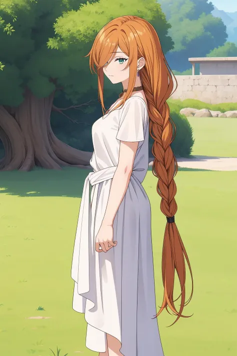 <lora:FlammeV1:0.6>,Flamme,1girl,bangs,solo,braided ponytail,single braid,brown hair,orange hair,very long hair,sidelocks,red earrings,hair over one eye,green eyes,blue eyes,<lora:add_detail:0.3>,
collarbone,golden choker,greek clothes,white shirt,medium breasts,short sleeves,white dress,
black gladiator sandals,outdoors,nature,from side,, Exquisite visuals, high-definition,masterpiece,best quality,Exquisite visuals,high-definition,masterpiece,best quality,18yo,Young female,Beautiful Fingers,Beautiful long legs,Beautiful body,Beautiful character design,
