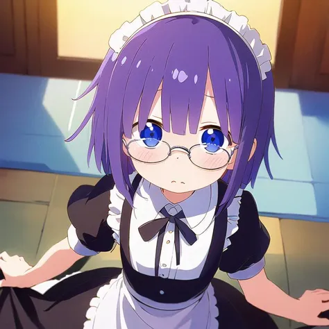 1boy, solo, masterpiece, best quality, illustration, absurdres, cute, film_grain, extremely detailed face, perfect lighting, (cowboy shot:1.2), <lora:SHOUTA:0.6>, purple hair, blue eyes, maid, maid dress, glasses, blush, timid, ultra detailed, <lora:boldline:-1>, cute boy in maid dress,