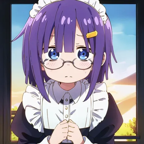 1boy, otoko no ko, solo, masterpiece, best quality, illustration, absurdres, cute, film_grain, extremely detailed face, perfect lighting, cowboy shot, <lora:SHOUTA-08:0.8>, SHOUTA, purple hair, blue eyes, hair ornament, long sleeves, maid dress, glasses, dress, highly detailed skin, shiny beautiful skin,