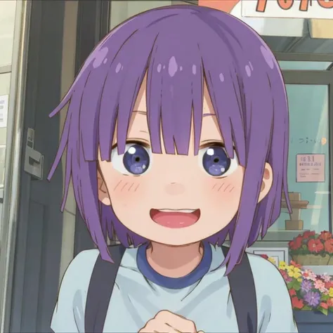 solo, blush, short hair, open mouth, smile, purple hair, 1boy, florist ,<lora:SHOUTA:0.7>