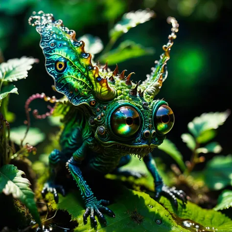 old masters painting style, intricate details, award-winning macro photo, (short depth of field:1.2), the (diminutive:1.4) "terrible fifferchad" is a (colorful:1.2) peculiar and strange beast (with reflective eyes:1.2) that dwells in the verdant canopies and dreadery snickerwhirl of the exotic alien world "blunderton iv", where they harvest rimflongled spores and (floating particles:1.3) for sustenance, (dappled light:1.2), chiaroscuro, blue-green and iridescent green, <lora:lyco-style-envydramaticlightingxl01_digital_art-xl:0.36> <lora:midjourney_mimic-xl-by_andrexsel:0.4> <lora:more_artful-xl:0.4> <lora:extremely_detailed-detail_slider-v2-xl-by_ntc:1.0> <lora:envybetterhiresfixxl01-xl:0.0:hr=1.0>