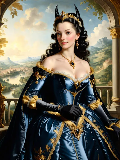 <lora:add-detail-xl:2.4> <lora:xl_more_art-full-xl:0.6> <lora:lyco-style-envydramaticlightingxl01_digital_art-xl:0.6> <loractl:envybetterhiresfixxl01-xl:0.2:hr=1.0> <lora:style-ebony_and_gold-xl-by_runew0lf:0.72> sfumato, famous artwork by (nicolas lancret:1.32) and (jean-antoine watteau:1.24), masterful portrait of a (stunningly beautiful madame de pompadour:1.1) dressed in the style of (batgirl:1.2) in front of a scenic mountain view, luxurious ornate ebonygold gown, ebonygold satin elbow gloves, intricate fabric, black hair, jewelry, terragen, perfect hands, perfect anatomy, ultra detailed