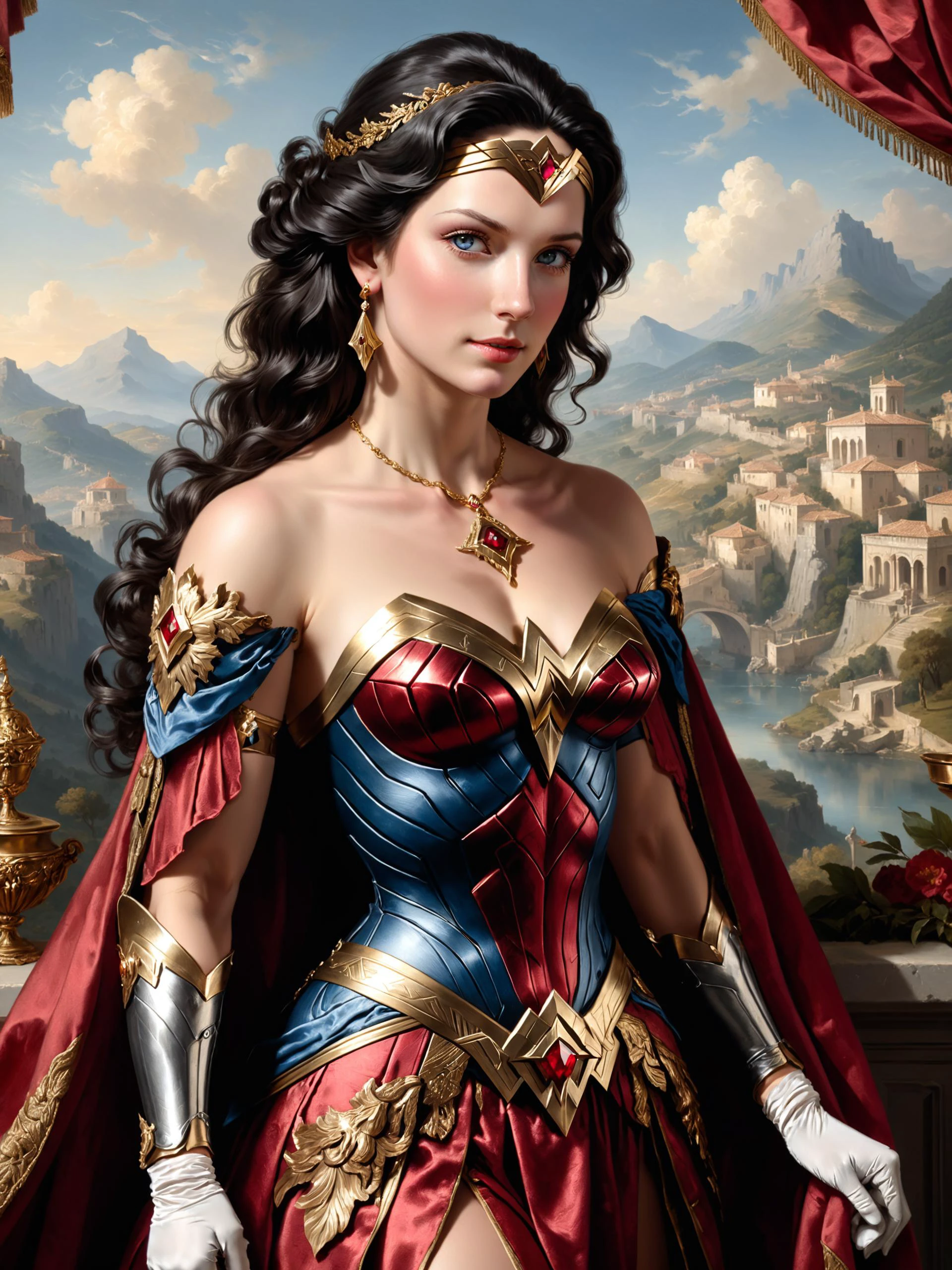 <lora:add-detail-xl:2.4> <lora:xl_more_art-full-xl:0.6> <lora:lyco-style-envydramaticlightingxl01_digital_art-xl:0.4> <loractl:envybetterhiresfixxl01-xl:0.2:hr=1.0> <lora:style-ebony_and_gold-xl-by_runew0lf:0.5> <lora:style-obsidian_ruby-xl-by_squeej:0.5> sfumato, old masters oil painting style, famous artwork by (nicolas lancret:1.32) and (jean-baptiste-simeon chardin:1.32), masterful portrait of a (rococo noble woman:1.1) dressed in the style of (wonder woman:1.32) in front of a scenic mountain view, greece, intricate luxurious ornate red and gold gown, detailed ornate golden circlet, (elbow gloves:1.3), (intricate fabric:1.2), black hair, jewelry, terragen, obsidianruby, ebonygold, perfect hands, perfect anatomy, ultra detailed