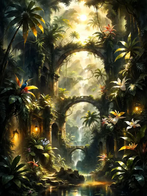 <lora:add-detail-xl:2.4> <lora:xl_more_art-full-xl:0.6> <lora:lyco-style-envydramaticlightingxl01_digital_art-xl:0.48> <lora:rmsdxl_enhance-xl-by_rmada:2.0> <lora:rmsdxl_creative-xl-by_rmada:1.0> <loractl:envybetterhiresfixxl01-xl:0.0:hr=1.0> famous artwork by maurice sapiro and j.m.w. turner, ink and watercolor, a tropical island with dense jungle and overgrown ancient ruins, toucan, lovebird, bird of paradise, gnarled trees, palm tree, vines, orchids, epiphyte, mountain, crepuscular rays, sunrise, colorful, dark corners, shadows, high contrast, majestic, ultra detailed
