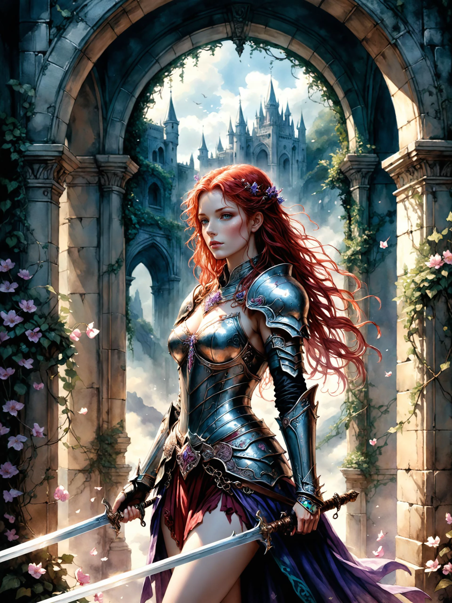 <lora:add-detail-xl:2.4> <lora:xl_more_art-full-xl:0.6> <lora:symmetrical_slider-xl-by_ntc:4.0> <lora:lyco-style-envydramaticlightingxl01_digital_art-xl:0.8> (alcohol ink:1.3) and (watercolor illustration:1.3), wet on wet, dappled light, ultramarine, purple, teal, pink, famous fantasy artwork by (arthur rackham:1.4) and (luis royo:1.4), artstation, a beautiful red-haired female knight in (ornate:1.2) (engraved:1.2) full plate armor under an (imposing archway:1.2) overgrown with blooming vines, windswept cape, gleaming engraved ornate long sword, (floating cherry petals:1.2), castle silhouette, silver circlet, clouds, windy, mountain, melancholic, ethereal, cold color palette, ink runs, dark corners, ultra detailed