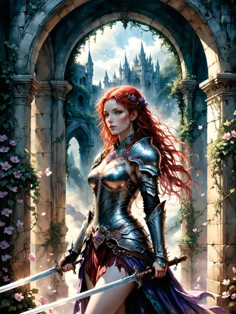 <lora:add-detail-xl:2.4> <lora:xl_more_art-full-xl:0.6> <lora:symmetrical_slider-xl-by_ntc:4.0> <lora:lyco-style-envydramaticlightingxl01_digital_art-xl:0.8> (alcohol ink:1.3) and (watercolor illustration:1.3), wet on wet, dappled light, ultramarine, purple, teal, pink, famous fantasy artwork by (arthur rackham:1.4) and (luis royo:1.4), artstation, a beautiful red-haired female knight in (ornate:1.2) (engraved:1.2) full plate armor under an (imposing archway:1.2) overgrown with blooming vines, windswept cape, gleaming engraved ornate long sword, (floating cherry petals:1.2), castle silhouette, silver circlet, clouds, windy, mountain, melancholic, ethereal, cold color palette, ink runs, dark corners, ultra detailed