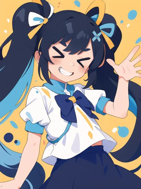(masterpiece, best quality), (flat color:1.3),(colorful:1.3), cute,
1girl, splash, grin, vv,
twintails, big ribbon, multi colored background,
<lora:test2:1>, ><,