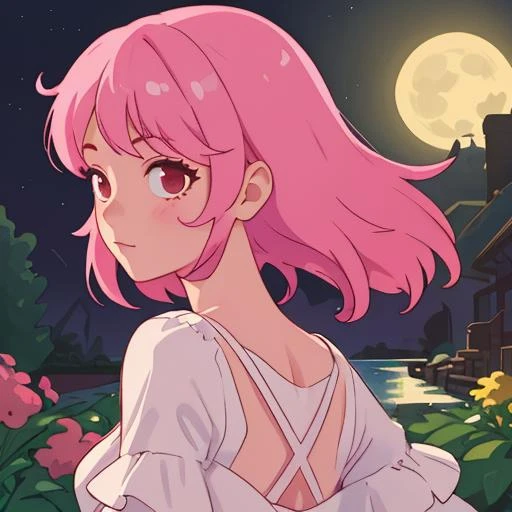 1gril,pink hair,pink,garden,water,from behind,moonlight,night,cute,look back, best quality,4k,2D,flat art,high quality,face detailed,detailed,hair detailed, masterpiece, best quality,4k,high quality,face detailed,detailed,hair detailed,simplified