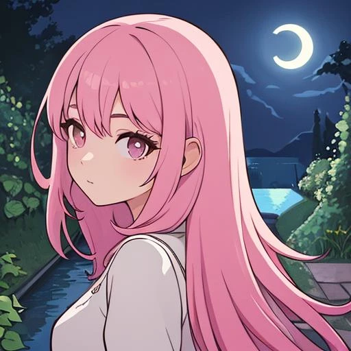 1gril,pink hair,pink,garden,water,from behind,moonlight,night,cute,look back, best quality,4k,2D,flat art,high quality,face detailed,detailed,hair detailed, masterpiece, best quality,4k,high quality,face detailed,detailed,hair detailed,simplified