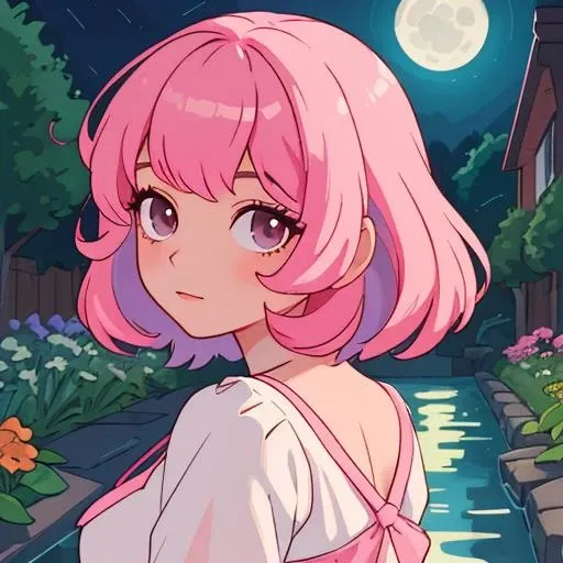 1gril,pink hair,pink,garden,water,from behind,moonlight,night,cute,look back, best quality,4k,2D,flat art,high quality,face detailed,detailed,hair detailed, masterpiece, best quality,4k,high quality,face detailed,detailed,hair detailed,simplified