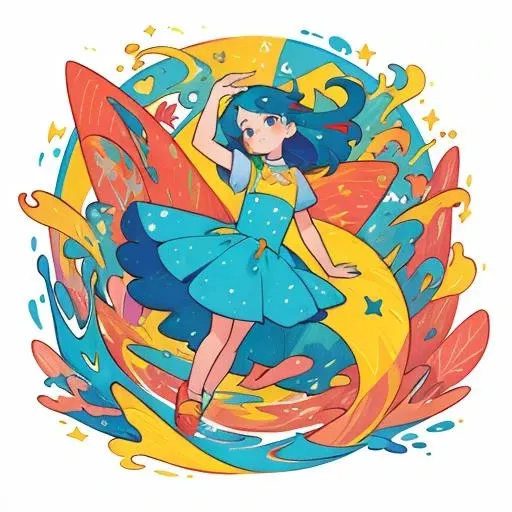 (masterpiece, best quality:1.3), (flat color:1.3),(colorful:1.3),looking at viewer,1girl,solo,floating colorful water,(2D:1.3)