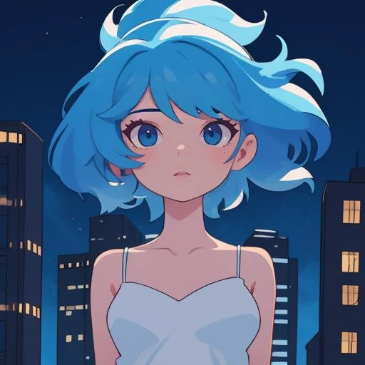 1girl,white dress,deep blue hair,from top,(form left:0.9),stand on the top of building,city background,hole body,side face,clear edge,detailed,in a night city,complex light, best quality,4k,high quality,face detailed,detailed,hair detailed, masterpiece, best quality,4k,high quality,face detailed,detailed,hair detailed,2D,flat style,long hair, lean out