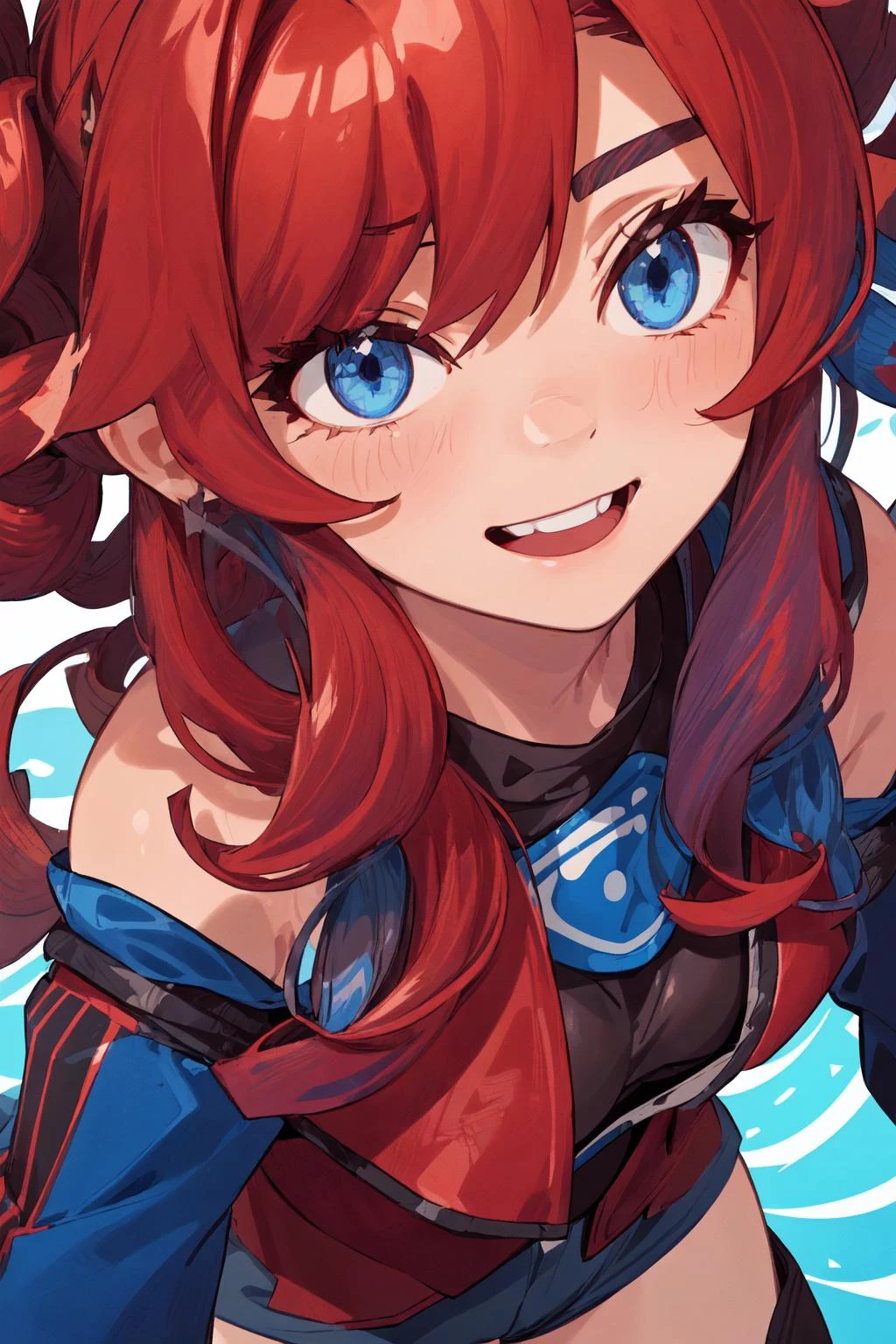 (smiling),masterpiece, best quality, blue eyes,1girl, bangs, bare shoulders, black leotard , blue_eyes, breasts, brown_legwear, cleavage, collarbone, cowboy_shot, hair ornament, , leotard, long_hair, looking_at_viewer, medium breasts, solo ,(red leather jacket),(shorts red), curly hair, (drill hair), long hair, ringlets, , <lora:more_details:0.5>( AS-Adult:1.5)(flat color:1.3),(colorful:1.3),floating colorful water,
zoom in (face close up:1.5) <lora:zoom_slider_v1:5>