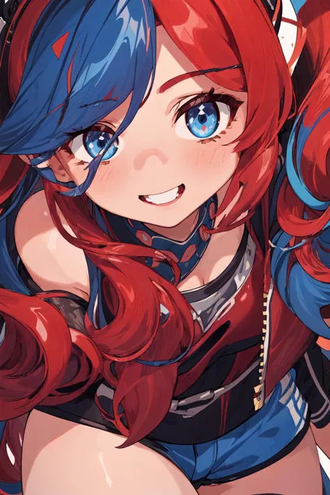 (smiling),masterpiece, best quality, blue eyes,1girl, bangs, bare shoulders, black leotard , blue_eyes, breasts, brown_legwear, cleavage, collarbone, cowboy_shot, hair ornament, , leotard, long_hair, looking_at_viewer, medium breasts, solo ,(red leather jacket),(shorts red), curly hair, (drill hair), long hair, ringlets, , <lora:more_details:0.5>( AS-Adult:1.5)(flat color:1.3),(colorful:1.3),floating colorful water,
zoom in (face close up:1.5) <lora:zoom_slider_v1:5>