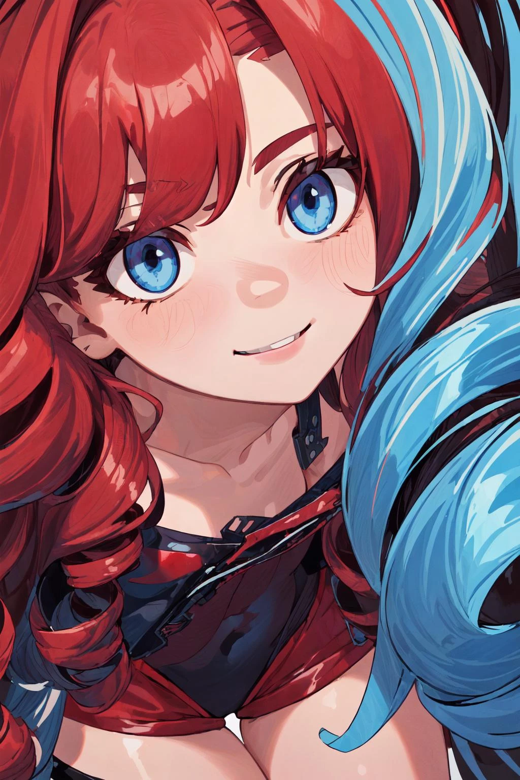 (smiling),masterpiece, best quality, blue eyes,1girl, bangs, bare shoulders, black leotard , blue_eyes, breasts, brown_legwear, cleavage, collarbone, cowboy_shot, hair ornament, , leotard, long_hair, looking_at_viewer, medium breasts, solo ,(red leather jacket),(shorts red), curly hair, (drill hair), long hair, ringlets, (long drill hairstyle:1.5) , <lora:more_details:0.5>( AS-Adult:1.5)(flat color:1.3),(colorful:1.3),floating colorful water,
zoom in (face close up:1.5) <lora:zoom_slider_v1:5>