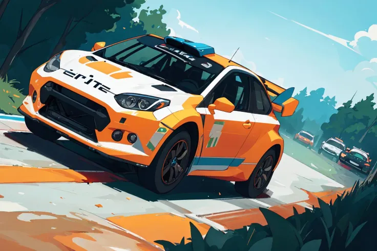 ((A rallye car race)), rendered in unreal engine, photorealistic, 8k uhd, dslr, soft lighting, high quality, film grain, Fujifilm XT3, 1 car,(flat color:1.3),(colorful:1.3),floating colorful water,