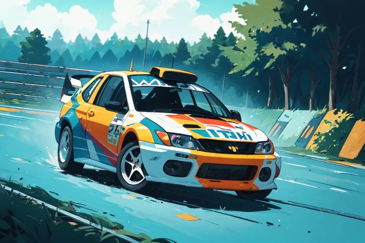 ((A rallye car race)), rendered in unreal engine, photorealistic, 8k uhd, dslr, soft lighting, high quality, film grain, Fujifilm XT3, 1 car,(flat color:1.3),(colorful:1.3),floating colorful water,