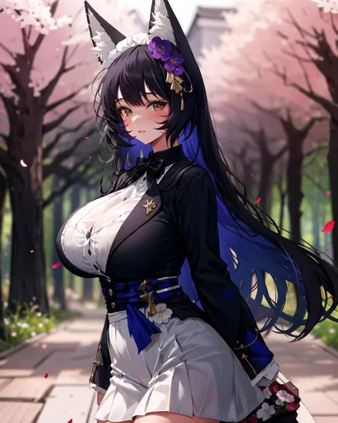 1girl,huge breasts, foxgirl,musashihead, <lora:MusashiVioletV1:1>, (school uniform),cowboy shot, buttons,shirt,outdoors,cherry blossoms, forest, blurry background, petals