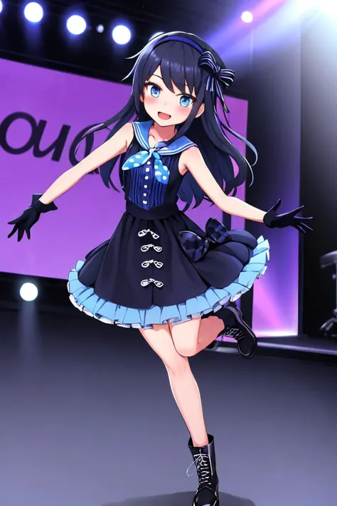 koashi mutsumi, bliss petrea, sleeveless dress, open mouth, sailor collar, striped hair bow, bare shoulders, black gloves, smile, blue dress, looking at viewer, blush, polka dot skirt bow, polka dot neckerchief, frilled dress, buttons, blue collar, blue hairband, blue ankle boots, full body, neckerchief over sailor collar, stage, 1girl <lora:koashi_mutsumi_locon_v1:0.7> <lora:fingers4civitai:1:1:lbw=OUTALL>
