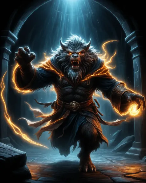 (An oil painting:1.3) line drawing with glowing edges of A male werebeast wizard in a glowing dungeon attacks the viewer. It is a cinematic action shot with extreme dynamic movement. Armor rags are flying in the wind. The creature has an aggressive facial expression.