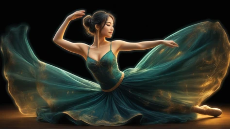 (An anime image:1.3) line drawing with glowing edges of ballerina, curvy, Pine silks split skirt, bra, veil, theatre, cushions, jewelry, Arabic, oriental, dancing, dynamic posture, flying hair, spinning, full-body,