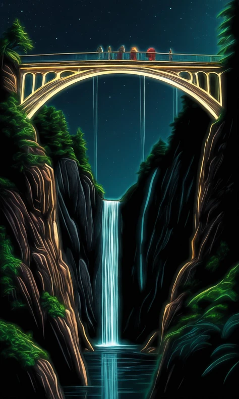 (A comic illustration:1.3) line drawing with glowing edges of A natural and sci-fi monument building situated next to a suspension bridge. Many alien tourists visit the site of intricate and ornamented architecture.