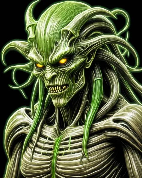 (An anime image:1.3) line drawing with glowing edges of Dirty blonde and Green, most excellent details, H.R. Giger, (monster:1.1), torn cloth, fangs, moist, dressed, male humanoid, intimidating, eery, (ugly:1.1), rotten, decayed, tentacles, intestines, slime, covered body, rags