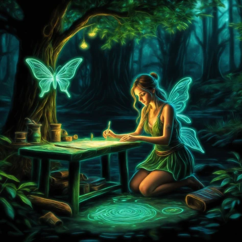 (A fashion photograph:1.3) line drawing with glowing edges of A magical fairy smithy is situated on a river bend below a majestic tree. (Glowing green magical signs:1.2) surround the workbench full of tools where a female smith gives the finishing touches to a workpiece.