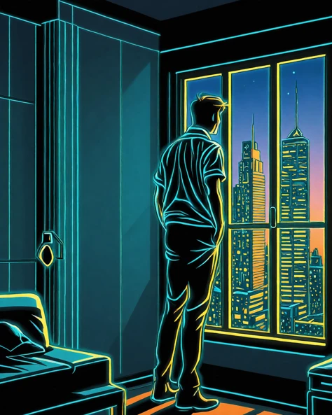 (A comic illustration:1.3) line drawing with glowing edges of a solitary male person looking out of a condo window. The modern room is tidy. It is a cinematic scene with strong volumetric lighting presented as a comic. The outside is a futuristic city.
