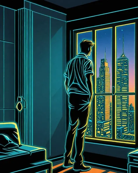 (A comic illustration:1.3) line drawing with glowing edges of a solitary male person looking out of a condo window. The modern room is tidy. It is a cinematic scene with strong volumetric lighting presented as a comic. The outside is a futuristic city.