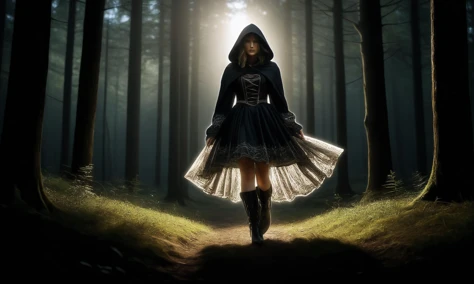 (A fashion photograph:1.3) line drawing with glowing edges of Meadow riding hood, fat unhinged woman, dark dense forest, intricate cross-laced dress, high heel boots, dynamic posture, bent forward, cinematic composition, dramatic lighting by brass lantern