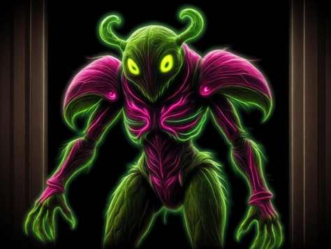 (A digital art image:1.3) line drawing with glowing edges of monstrous insect, fragile limbs, facetted eyes, nightmare, intricate ornamented chitin Magenta and Acid Green armor, spooky monster, intimidating posture, drooling fangs, bedroom closet