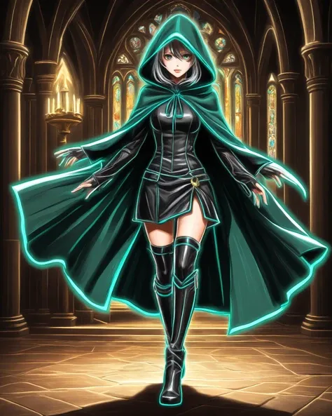 (An anime image:1.3) line drawing with glowing edges of Charcoal Gray and Emerald riding hood, ugly gorgeous woman, gothic church, intricate cross-laced dress, high heel boots, dynamic posture, bent forward, cinematic composition, dramatic lighting by brass lantern