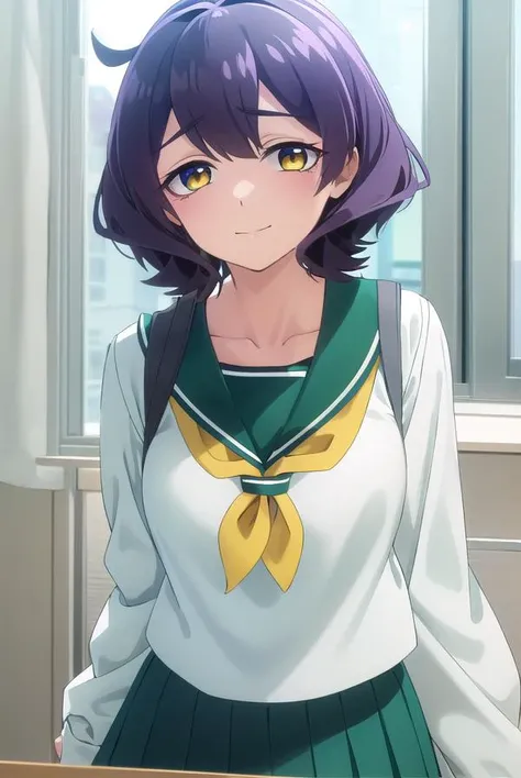 utenahiiragi, <lora:utena hiiragi-lora-nochekaiser:1>,
utena hiiragi, short hair, (yellow eyes:1.3), purple hair, ahoge, smile, hair intakes,
BREAK skirt, shirt, long sleeves, school uniform, white shirt, pleated skirt, serafuku, sailor collar, neckerchief, green skirt, green sailor collar,
BREAK indoors, classroom,
BREAK looking at viewer, (cowboy shot:1.5),
BREAK <lyco:GoodHands-beta2:1>, (masterpiece:1.2), best quality, high resolution, unity 8k wallpaper, (illustration:0.8), (beautiful detailed eyes:1.6), extremely detailed face, perfect lighting, extremely detailed CG, (perfect hands, perfect anatomy),
