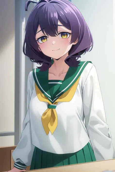 utenahiiragi, <lora:utena hiiragi-lora-nochekaiser:1>,
utena hiiragi, short hair, (yellow eyes:1.3), purple hair, ahoge, smile, hair intakes,
BREAK skirt, shirt, long sleeves, school uniform, white shirt, pleated skirt, serafuku, sailor collar, neckerchief, green skirt, green sailor collar,
BREAK indoors, classroom,
BREAK looking at viewer, (cowboy shot:1.5),
BREAK <lyco:GoodHands-beta2:1>, (masterpiece:1.2), best quality, high resolution, unity 8k wallpaper, (illustration:0.8), (beautiful detailed eyes:1.6), extremely detailed face, perfect lighting, extremely detailed CG, (perfect hands, perfect anatomy),