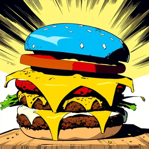 <lora:jackkirbyv2:1> in the style of jack kirby thor eating a burger