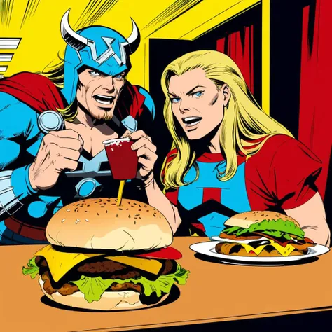 <lora:jackkirbyv2:1> in the style of jack kirby thor eating a burger