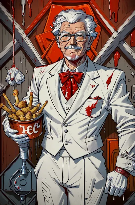 colsanders colonel sanders smiling covered in blood holding a KFC bucket of fried chicken in a slaughterhouse with dead chickens hanging on hooks in the style of jackkirby60, white suit, western kentucky bow tie, slaughterhouse, covered in blood, blood splatter, <lora:ARWColSanders:0.5>, <lora:jackkirby1960s:0.8>