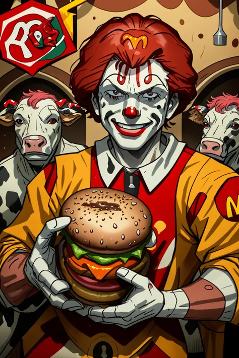 ronaldmcdonald smiling covered in blood holding a hamburger in a slaughterhouse ((surrounded by cows)) in the style of jackkirby60, clown, red hair, slaughterhouse, mcdonalds, covered in blood, blood splatter,, <lora:jackkirby1960s:0.8>, <lora:ARWRonaldMcdonald:0.7>,