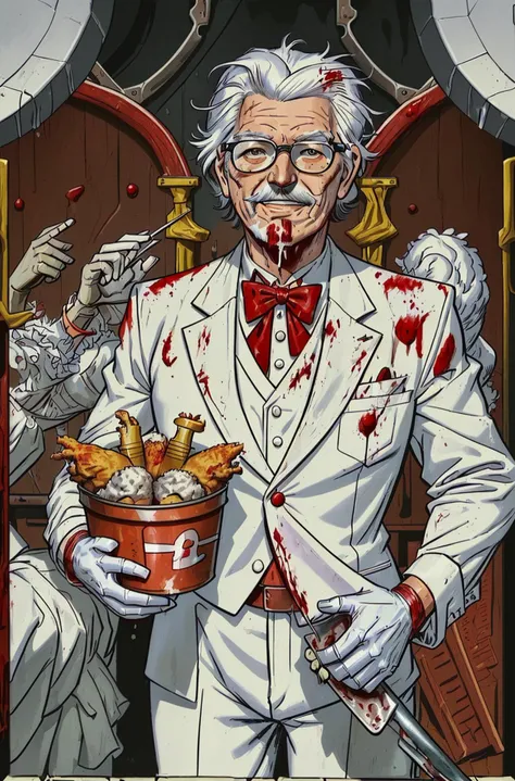 colsanders colonel sanders laughing covered in blood holding a KFC bucket of fried chicken in a slaughterhouse with dead chickens hanging on hooks in the style of jackkirby60, white suit, western kentucky bow tie, slaughterhouse, covered in blood, blood splatter, <lora:ARWColSanders:0.5>, <lora:jackkirby1960s:0.8>