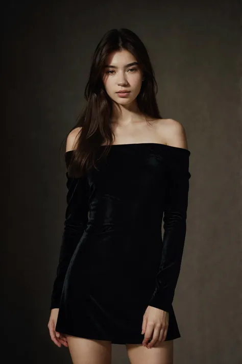 futuraanna51500v5, (closeup) Portrait of pretty young (18-year-old)  Caucasian woman ((Tiptoe stance.:1.07)),  outdoor, BREAK (brunette Sleek and straight long layers: Long, straight hair with subtle layers, creating a sleek and polished look that's both timeless and elegant.), no makeup, long dainty necklace, (((elegant, classy, minimalist:1.05) Black velvet mini dress with off-shoulder neckline and feathered sleeves - seductive and luxurious.)) , <lora:epi_noiseoffset2:1> BREAK (magazine cover:1.10), BREAK (masterpiece, extremely detailed skin, photorealistic, heavy shadow, dramatic and cinematic lighting, key light, fill light), sharp focus, BREAK location is (outdoor Yosemite National Park, USA), <lora:InstantPhotoX3:0.4>, <lora:ClothingAdjuster3:-0.7>