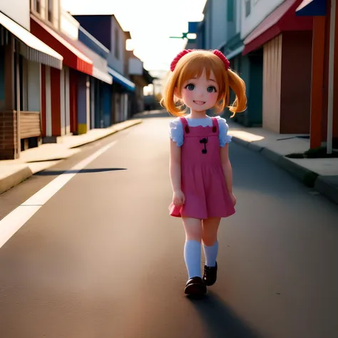 cute walking in the street of a small town, smile, masterpiece, 4k, sharp focus,