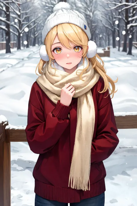 masterpiece, best quality, highres, aaemma, long hair, blonde hair, yellow eyes, standing, cowboy shot,
wearing a sweater, snowing, winter, snow everywhere, outside, wearing a beanie, blushing, earmuffs, scarf,
, <lora:sano_emma_v1:0.7>,
