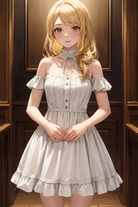 masterpiece, best quality, highres, aaemma, long hair, blonde hair, yellow eyes, dress, <lora:sano_emma_v1:0.7>, standing, cowboy shot,