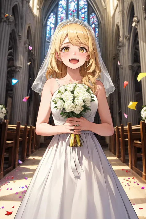 masterpiece, best quality, highres, aaemma, long hair, blonde hair, yellow eyes, white dress, wedding dress, <lora:sano_emma_v1:0.7>, church, holding bouquet, tears, (confetti:1.1), smile, open mouth,