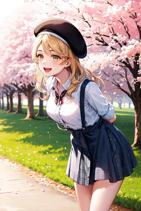 masterpiece, best quality, highres, aaemma, long hair, blonde hair, yellow eyes, beret, hat, plaid, suspender skirt, high-waist skirt, <lora:sano_emma_v1:0.7>, smile, open mouth, outdoors, stadning, leaning forward, arms behind back, cherry blossoms,