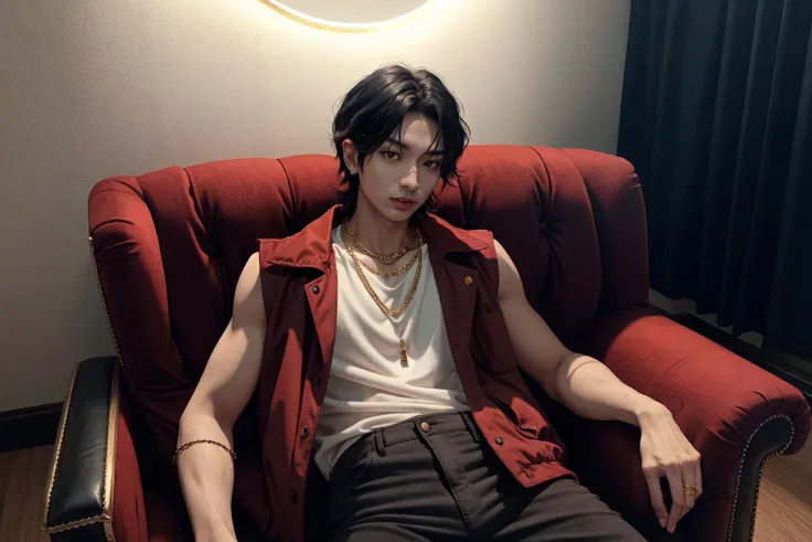 1man, male, man, male focus, yutoda, solo, black hair, brown eyes, gold chain necklace, white shirt, looking at viewer, short hair, sitting, blue velvet armchair, sleeveless red jacket, red pants, blue toned lighting, realistic, Extreme Details, Photo realistic, hyper detail, hyper realistic, <lora:AdachiYuto-01:0.9>